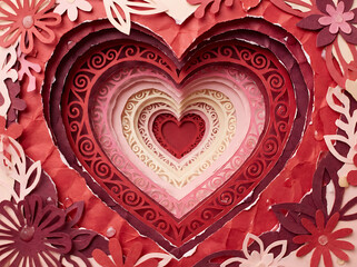 Intricate multi-layered paper art heart in shades of red, pink, and white surrounded by paper flowers.