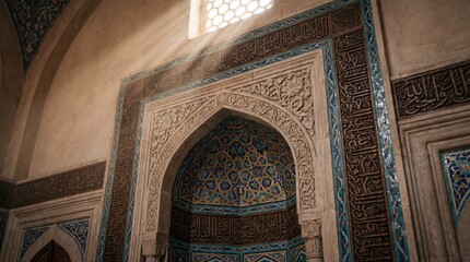 Detailed Cinematic Mihrab Prayer Niche with Ornate Islamic Mosaic and Calligraphy Background