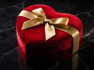 Red velvet heart-shaped gift box with a golden ribbon on a dark marble surface, symbolizing love and celebration.