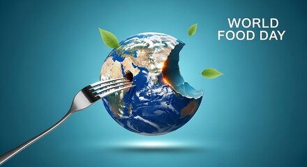 World Food Day Globe Symbolizing Global Food Security and Sustainable Agriculture with Fork Symbol for Awareness and Action Against Hunger in Teal Background with Green Leaves