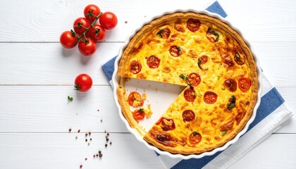 Tomato quiche on striped towel, top view