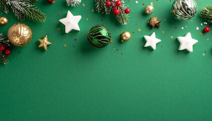 Magnificent Christmas decor to enjoyable party. Top view of gleaming balls, star-shaped candles, scattered confetti, frosted pine branches, festive holly berries on verdant backdrop with text space
