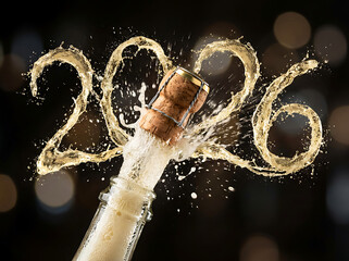 Champagne bottle popping with sparkling spray forming the year 2026, celebrating New Year's Eve or a special occasion.