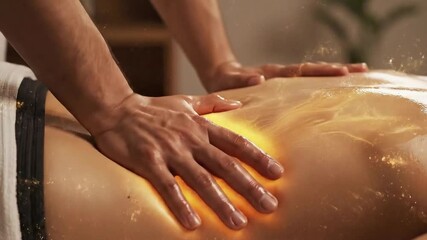 Therapeutic Massage Session Focused on Back Relaxation with Warm Golden Energy Glow Highlighting Muscle Tension Relief and Serene Ambiance in a Dimly