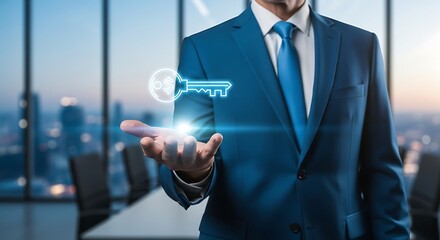 Businessman Offering Key to Success Concept for Business Growth and Financial Opportunity with Symbol of Dollar on Key and Blurred Cityscape Background Generative Ai