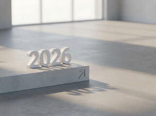 White 3D numbers for the year 2026 on a concrete plinth in a sunlit, empty room.