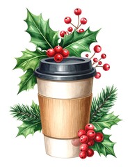 Watercolor illustration of a coffee cup surrounded by holly and pine branches