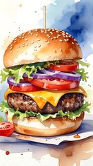 Watercolor illustration of a juicy burger (1)