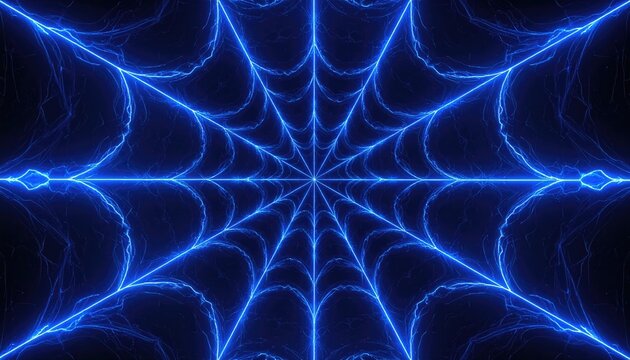 An ethereal glowing blue spider web radiates from the center against a dark background, this image represents the intricate design and mysterious nature of the web.