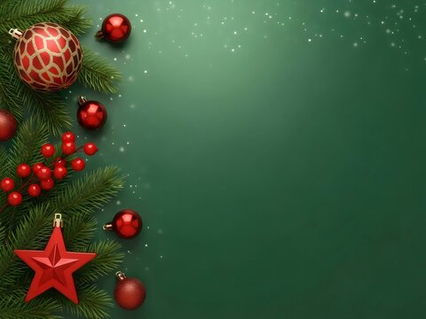 Christmas background with xmas tree, Christmas red decoration and sparkle bokeh lights on green background. Merry Christmas greeting card. Winter holiday theme. Happy New Year. Copy Space for Holiday