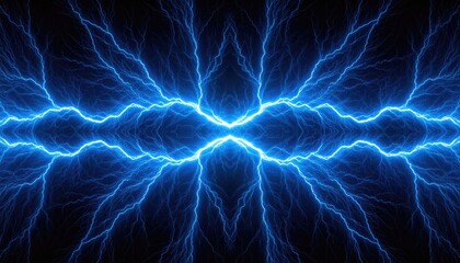 A stunning display of electric energy, showcasing vibrant blue lightning bolts in a symmetrical formation, creating a captivating visual representation of power.