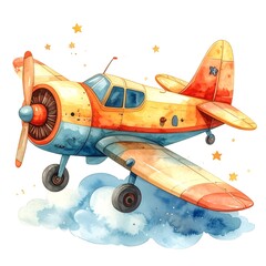 Watercolor illustration of a vintage airplane in flight