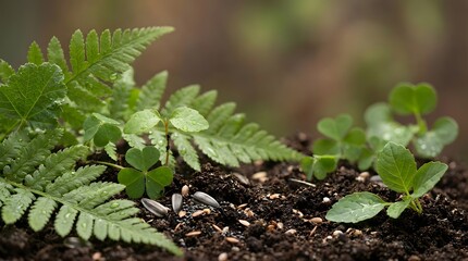 Macro close-up of green leaves, dark soil, and scattered seeds with soft diffused light. Textures and shallow depth of field highlight organic, natural, growth-focused visuals.