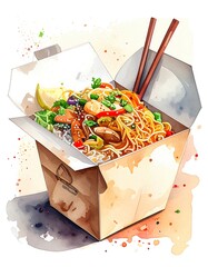 Watercolor illustration of a takeout food box filled with stir-fry noodles