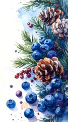 Watercolor illustration of berries and pine cones