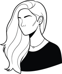 Minimalist black and white line art portrait of a faceless woman with long wavy hair and simple jewelry.