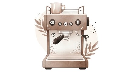 A stylized, warm-toned espresso machine illustration, featuring a muted color palette and decorative elements.