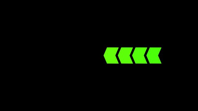 Green left direction arrow moving smoothly on black background, minimal directional navigation icon animation, forward backward motion graphic for UX, interface, business, and tech video design