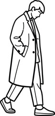 Simple black and white line art of a man walking in a long coat with his head down.