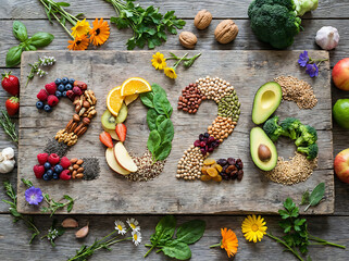 The year 2026 created from a vibrant assortment of healthy foods, including fruits, vegetables, nuts, and seeds on a rustic wooden board.