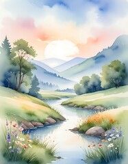 Watercolor landscape painting of a serene mountain valley