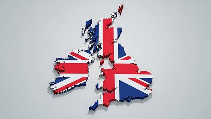 United Kingdom 3D map with Union Jack flag design on a clean minimal background representing national identity geography and cultural symbolism