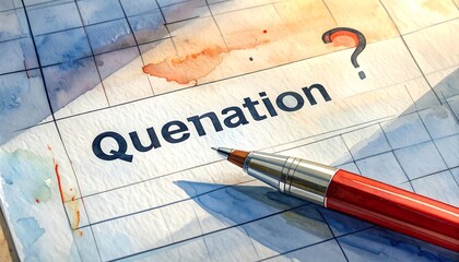 Watercolor notebook page with the word "Quenation" and a pen