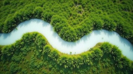 Aerial view of a winding river flowing through a lush green forest