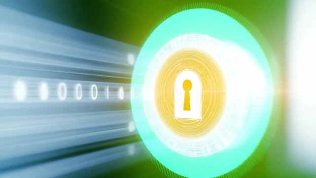 Cyber Shield: Illustrative rendering of a digital lock, symbolizing online security, safeguarding sensitive data, with binary code streaming, suggesting the protection of information