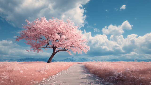 桜並木のそばに寄り添う一本の木が印象的な情景