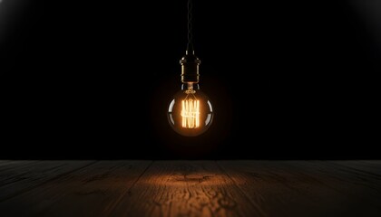 A vintage-style light bulb hangs illuminated against a dark background, casting a warm glow on a wooden surface.