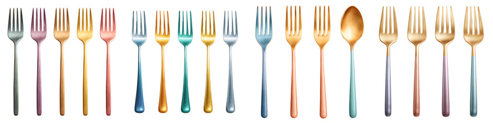 Metallic Cutlery Collection: Colorful Forks and Spoon on White Backdrop