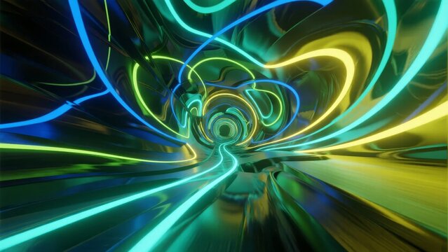 Abstract neon light tunnel with swirling colorful patterns and dynamic motion effect