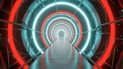 Futuristic illuminated tunnel with red and white neon rings creating a sci-fi corridor effect