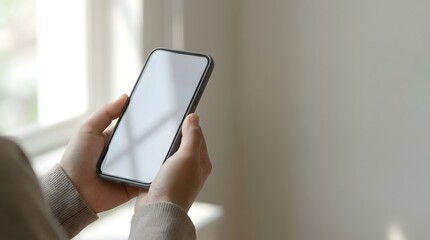 Close-up of hands holding a smartphone with blank screen on neutral background. Soft daylight highlights and clean negative space for app previews or text overlays