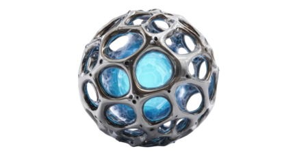 Futuristic biomorphic sphere with glowing blue liquid energy animating inside organic metal structure