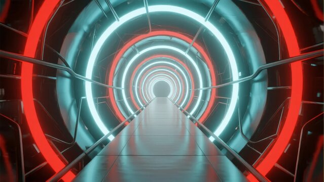Futuristic illuminated tunnel with red and white neon rings creating a sci-fi corridor effect