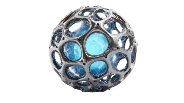 Futuristic biomorphic sphere with glowing blue liquid energy animating inside organic metal structure