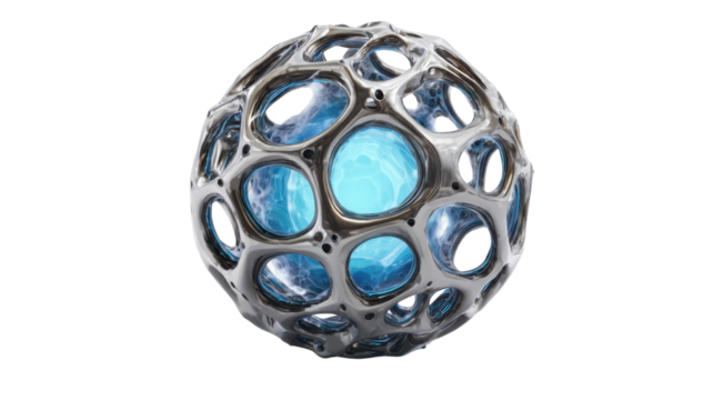 Futuristic biomorphic sphere with glowing blue liquid energy animating inside organic metal structure