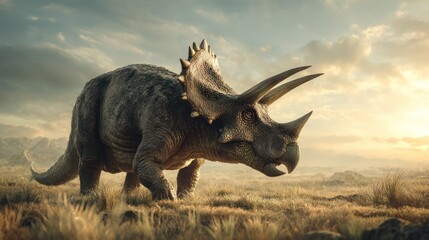 Fototapeta premium A massive, horned herbivore stands in a field, illuminated by the sun