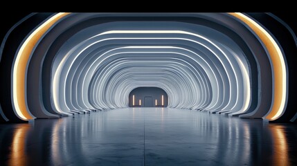 Obraz premium A futuristic tunnel interior with a series of arched structures and glowing lights, creating a sense of depth and modern design. The reflective floor adds to th