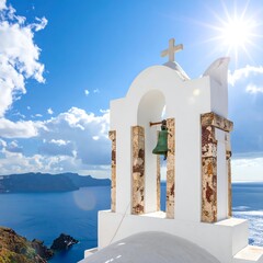 White church bell tower overlooking a caldera