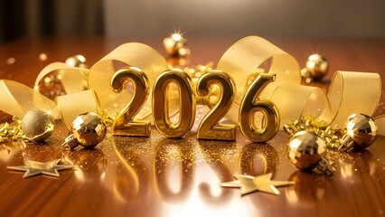 Golden 2026 New Year's decoration with ribbon and ornaments on a wooden surface.