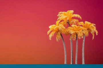 Four golden palm trees against a vibrant gradient background with a blue surface.