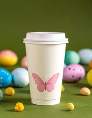 White coffee cup with pink butterfly design, surrounded by colorful Easter eggs on a green backdrop