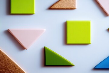 Colorful geometric shapes including squares and triangles are arranged on a white background, viewed from above.