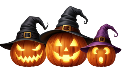 Orange Halloween pumpkin jack-o'-lantern with a scary witch hat and spooky smile isolated on a dark background for fall celebration decoration