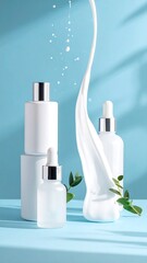 White cosmetic bottles on a light blue background with flowing white liquid