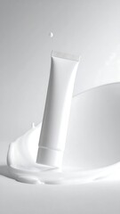 White cosmetic tube in flowing milk