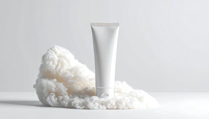 White cosmetic tube on a cloud of white yarn